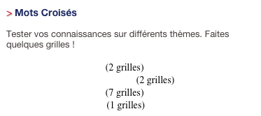 > Mots Croisés

Tester vos connaissances sur différents thèmes. Faites quelques grilles !

Anglais - Les Verbes Ir . (2 grilles)
Anglais - Vocabulaire débutant . (2 grilles)
Yoseikan Budo 1er Dan. (7 grilles)
Yoseikan Budo Enfants . (1 grilles)